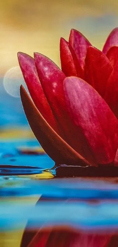 Vibrant red lotus flower with water reflection on phone wallpaper.