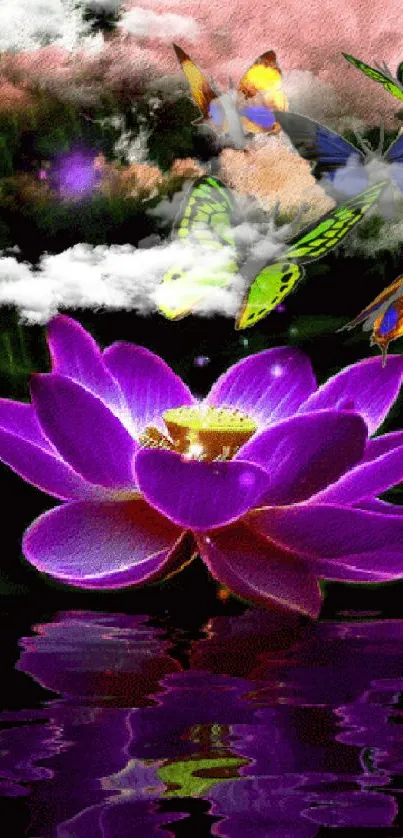 Purple lotus with colorful butterflies on water reflection.