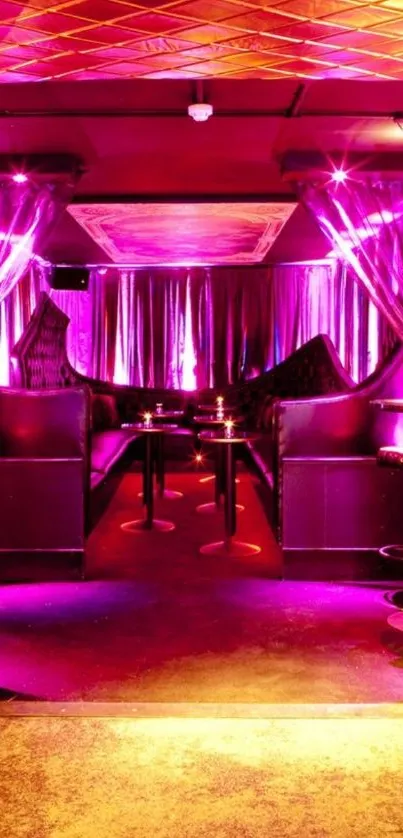 Vibrant lounge with neon purple lighting and stylish decor.