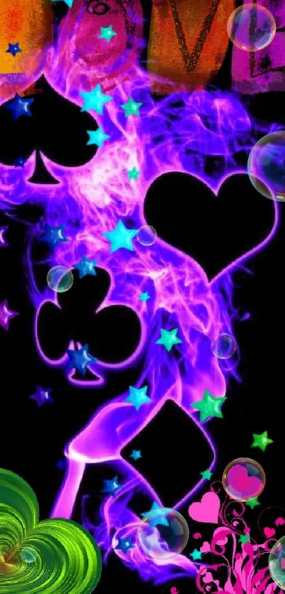 Abstract love-themed wallpaper with purple hearts and colorful stars on a black background.