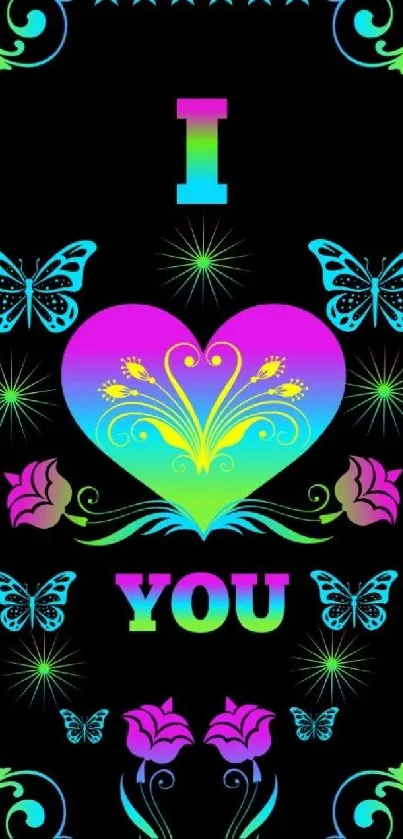 Colorful heart with butterflies and flowers on a black background.