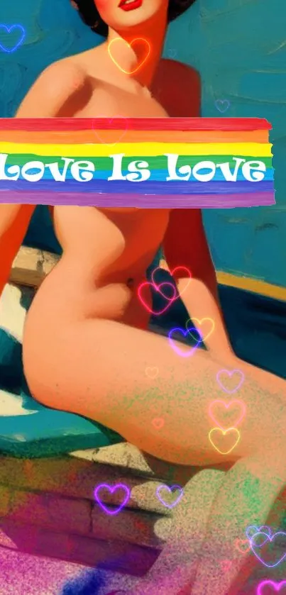 Colorful art wallpaper with rainbow text, hearts, and a blue background.