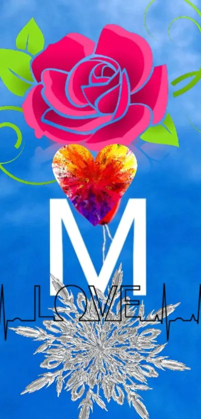 Vibrant art mobile wallpaper with rose and heart design.
