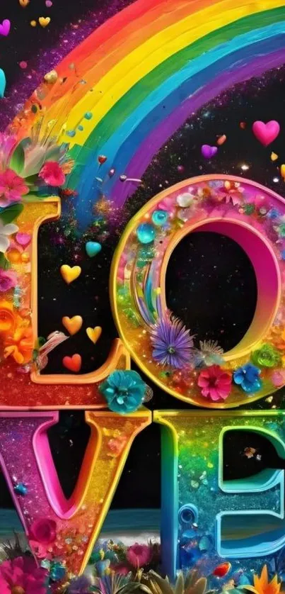 Vibrant artwork with 'LOVE' and rainbow, adorned with colorful flowers.