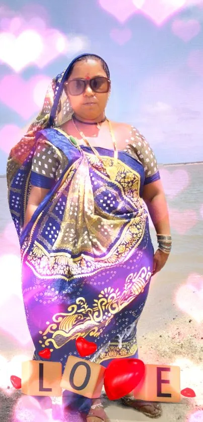 Colorful woman on beach with heart bokeh and LOVE text.