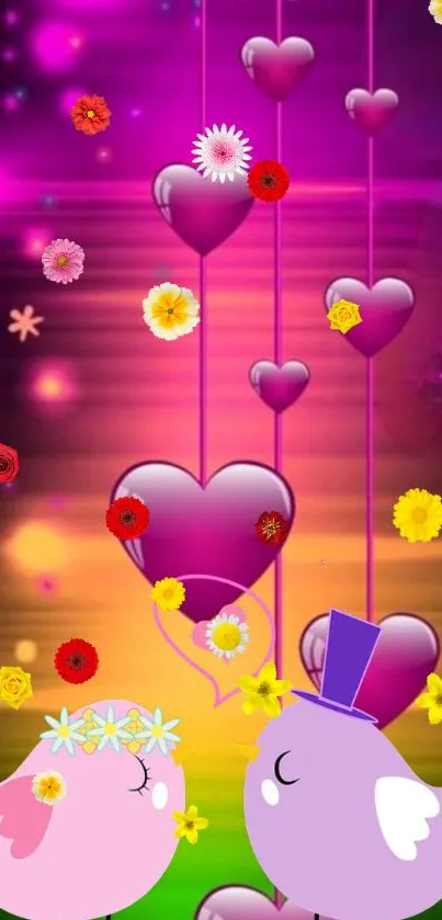 Whimsical mobile wallpaper with love birds, heart balloons, and vibrant flowers.