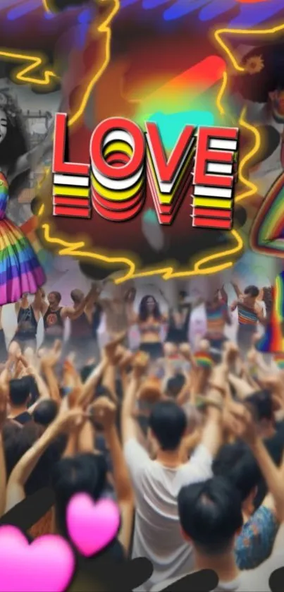 Colorful love celebration with rainbow elements and vibrant people.