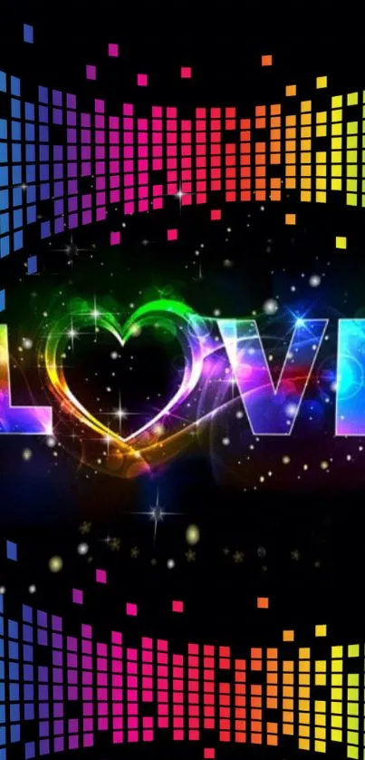 Colorful LOVE wallpaper with rainbow theme on black background.