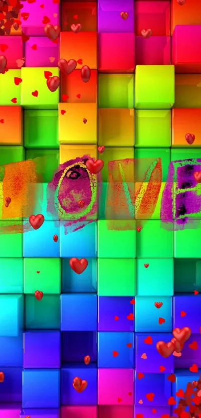 Vibrant 3D colorful cubes with love text.