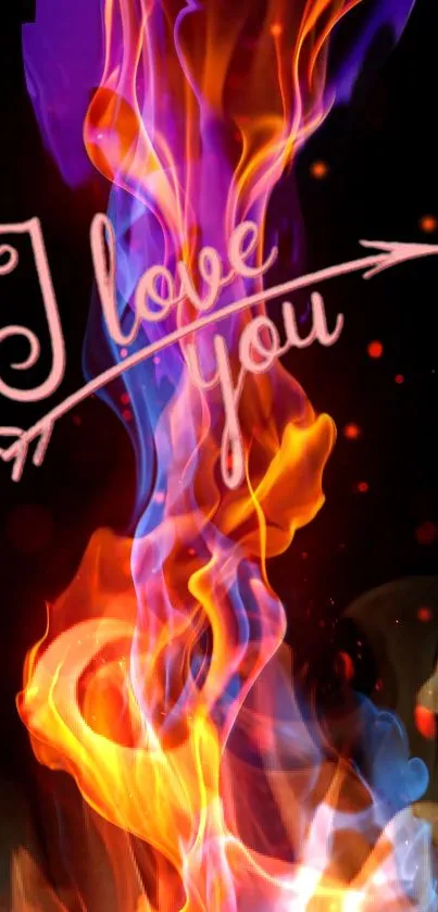 Romantic flame wallpaper with 'I love you' message in vibrant colors.