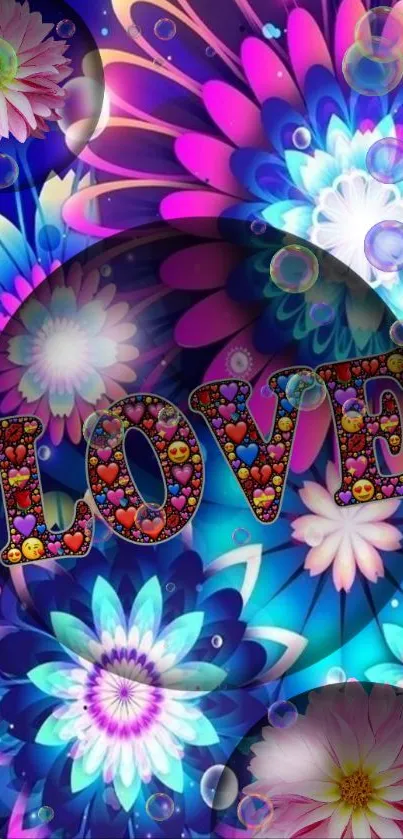 Vibrant floral wallpaper with colorful 'LOVE' text and blooms.