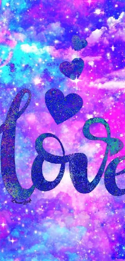 Vibrant galaxy-themed wallpaper with love and heart motifs.