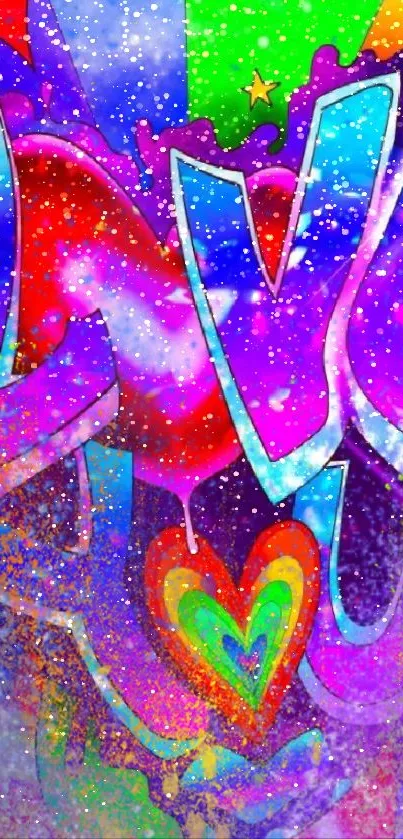 Vibrant graffiti art with rainbow heart and love in bold colors.