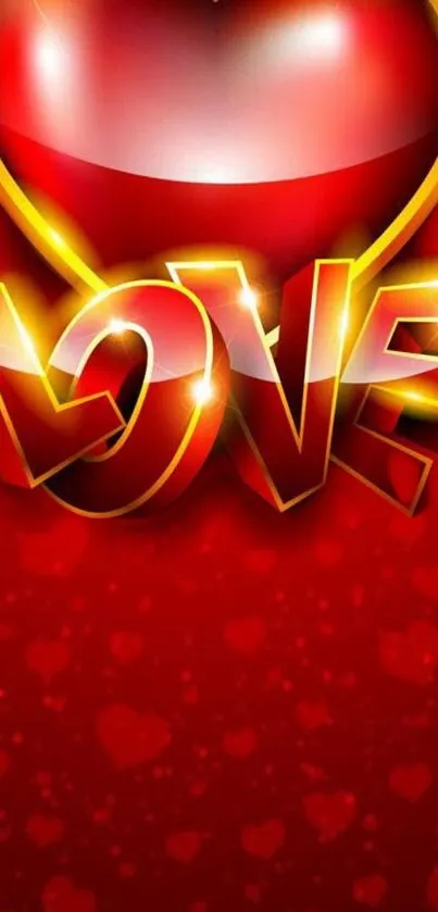 3D love text with heart on red background.