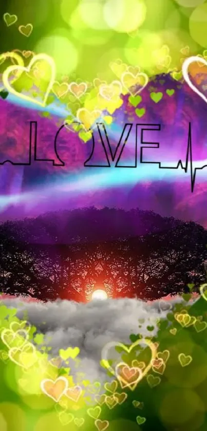 Vibrant love-themed wallpaper with heart and sunset.