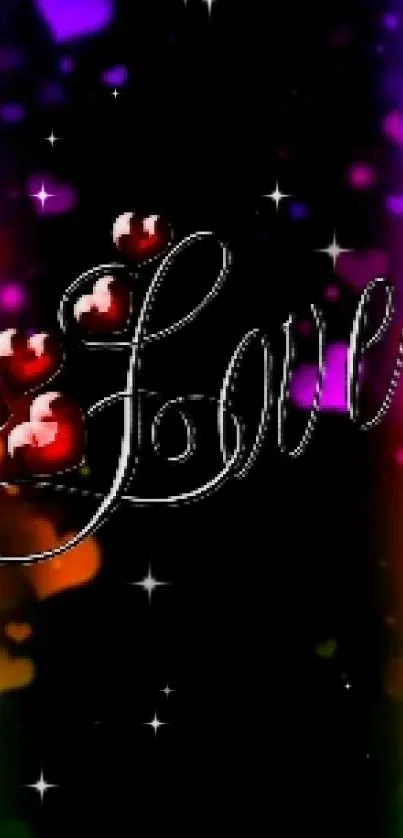 Colorful 'Love' text with glowing hearts on a black background.