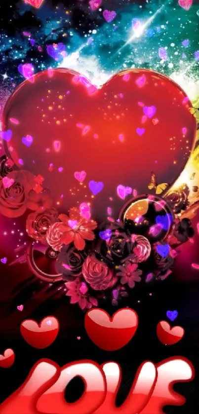 Romantic wallpaper with red heart and colorful roses.