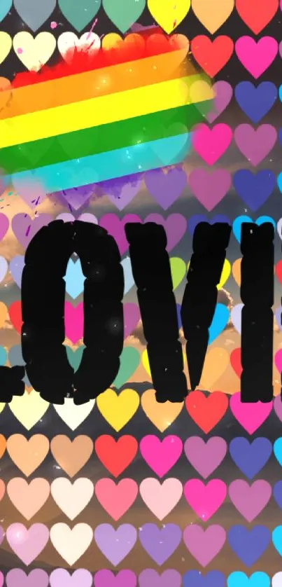 Vibrant wallpaper with love text and colorful hearts.