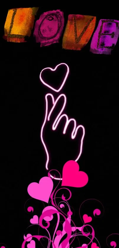 Neon hand with pink hearts creating a love-themed mobile wallpaper.