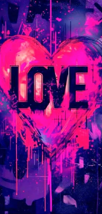 Vibrant pink and purple heart with graffiti-style love text.