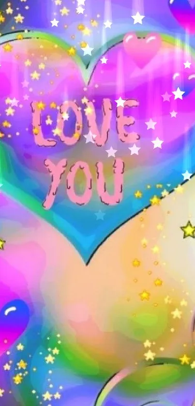 Vibrant heart wallpaper with love message and stars.