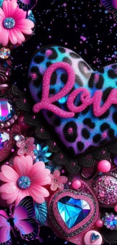 Colorful love heart and butterflies on a purple background.