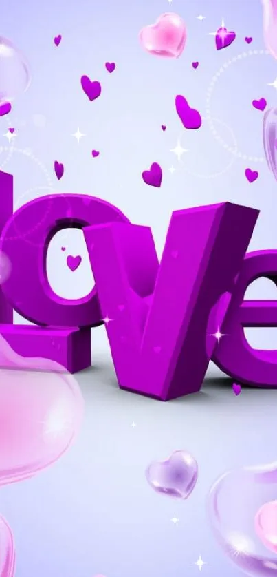 3D 'Love' wallpaper with purple hearts.