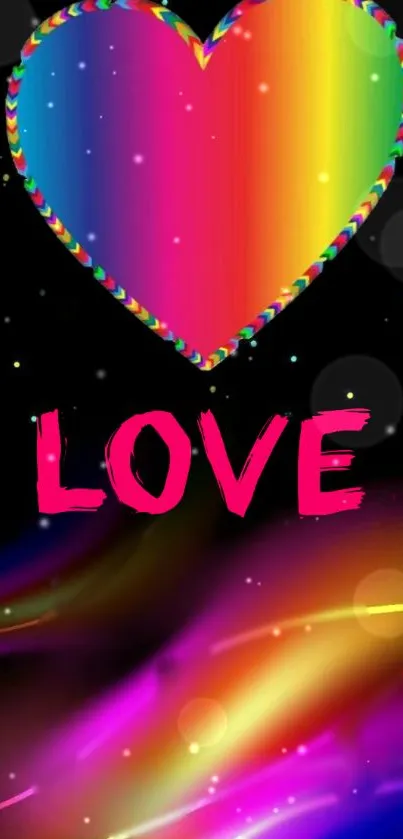 Rainbow heart with LOVE text on cosmic background.