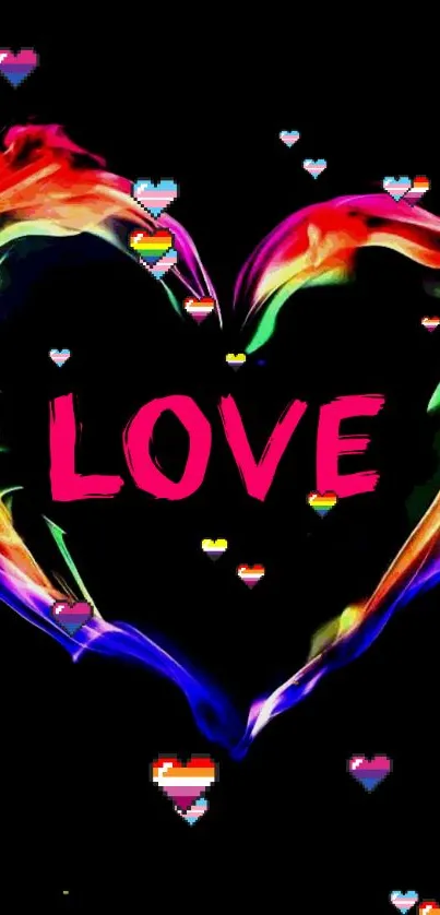 Vibrant neon love heart with pixel heart accents on black background.