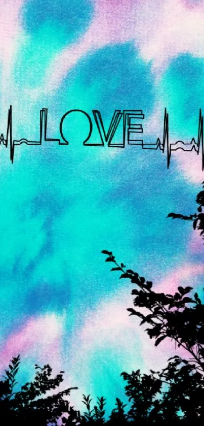 Love heartbeat with turquoise and purple sky background.