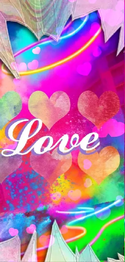 Vibrant love-themed wallpaper with colorful hearts and neon accents.