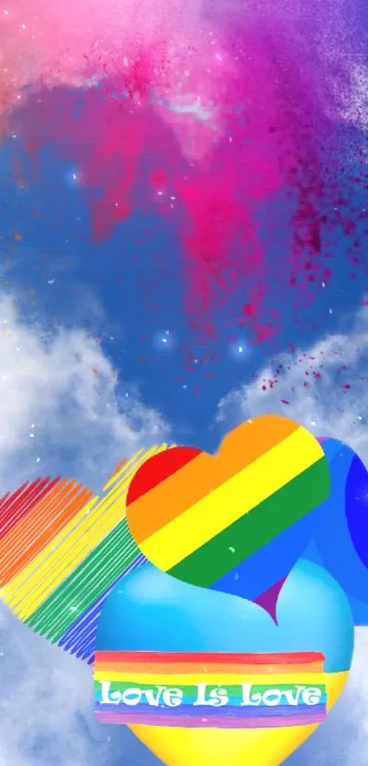 Vibrant wallpaper with rainbow hearts and mystical sky.