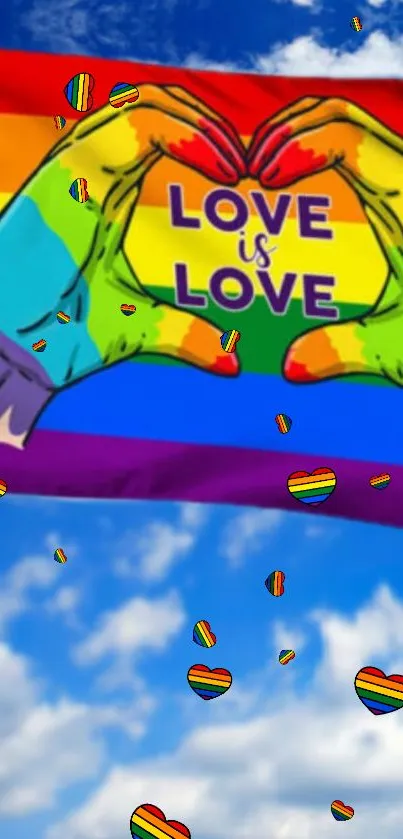 Colorful 'Love is Love' wallpaper with rainbow and hearts.