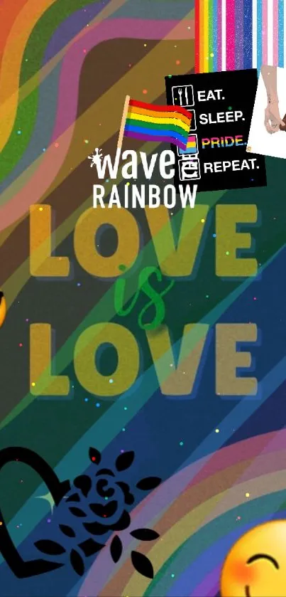 Colorful 'Love is Love' wallpaper with rainbow stripes.