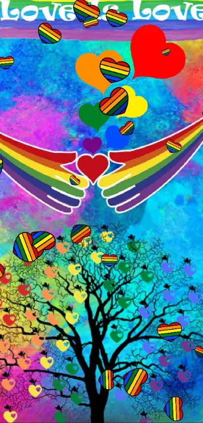 Vibrant rainbow 'Love Is Love' wallpaper with tree and heart design.