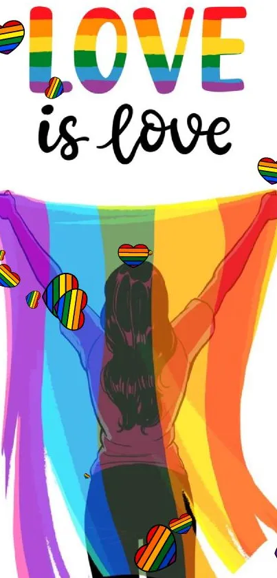 Vibrant 'Love is Love' wallpaper with rainbow flag and silhouette.