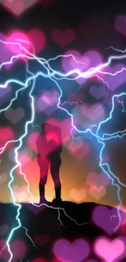 Couple silhouette with heart lightning effect on a vibrant background.