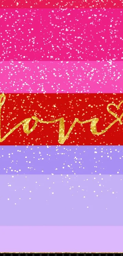 Vibrant wallpaper with gold love text on colorful stripes.