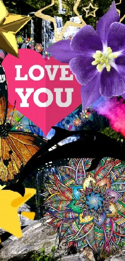 Mobile wallpaper with a vibrant nature collage of butterflies, flowers, and hearts.