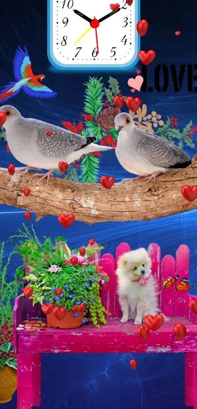 Vibrant nature and love wallpaper with doves, hearts, and a puppy on a bench.