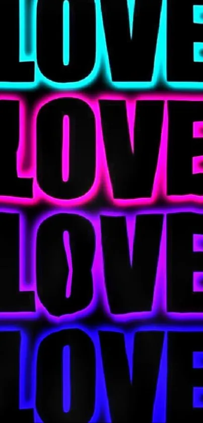 Neon text 'LOVE' glowing in pink, blue, and cyan on a black background.