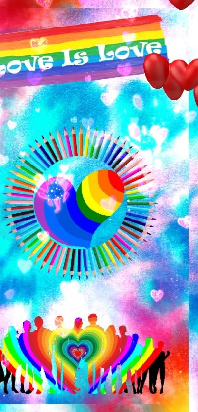 Vibrant love and pride wallpaper with rainbow heart and unity theme.