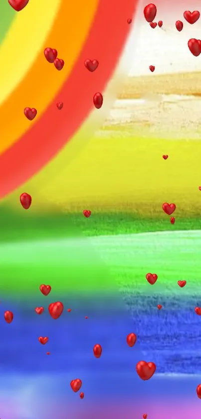 Colorful wallpaper with red hearts and rainbow background.