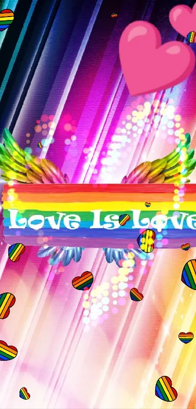 Vibrant rainbow wallpaper with "Love is Love" in colorful wings and hearts.