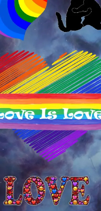 Rainbow heart with 'Love is Love' text on cosmic background.