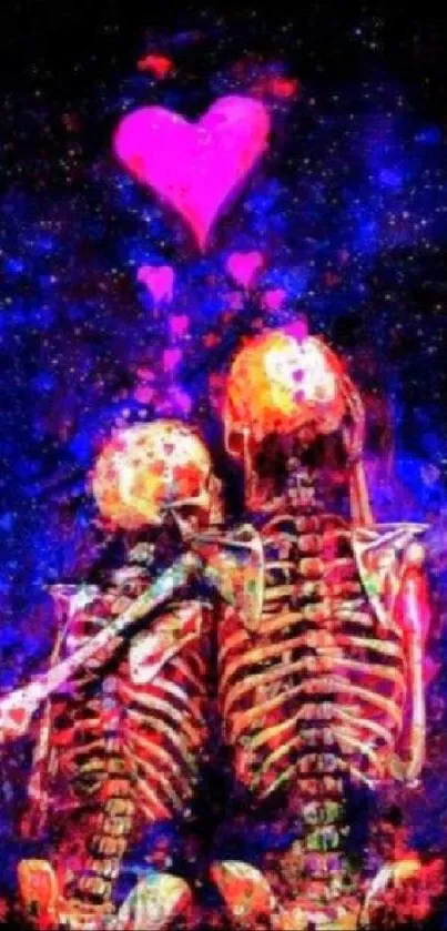 Colorful skeleton artwork with heart design and neon hues on a dark background.