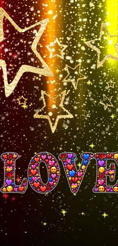 Starry wallpaper with colorful love text.