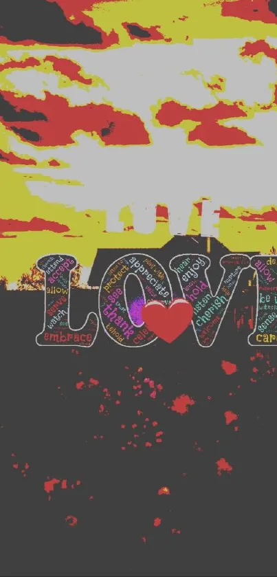 Vibrant sunset with 'LOVE' typography on mobile wallpaper.