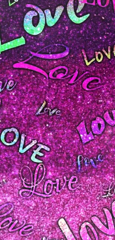 Colorful love text on a purple background wallpaper.