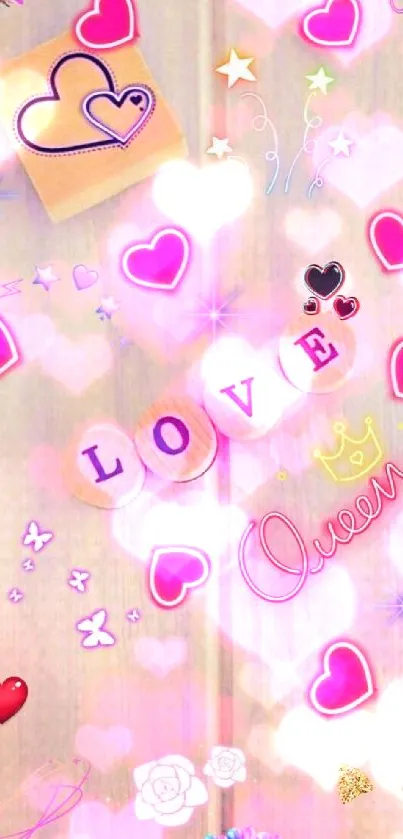 Vibrant love-themed wallpaper with hearts and doodles on a wooden background.